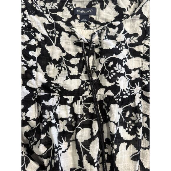 Italian Floral Midi Dress/BLK WHT, Cotton, Puffed 3/4 Sleeve, Waist Tie, Boho‎ L - Picture 4 of 5